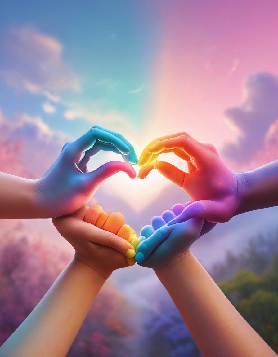 A harmonious fusion of five colorful hands, each representing a different love language, intertwined around a glowing heart. The background features a serene landscape, symbolizing connection and understanding, with soft pastel colors enhancing emotional warmth. Subtle elements like speech bubbles and musical notes symbolize communication and affection. super-realistic. vibrant colors. soft focus.