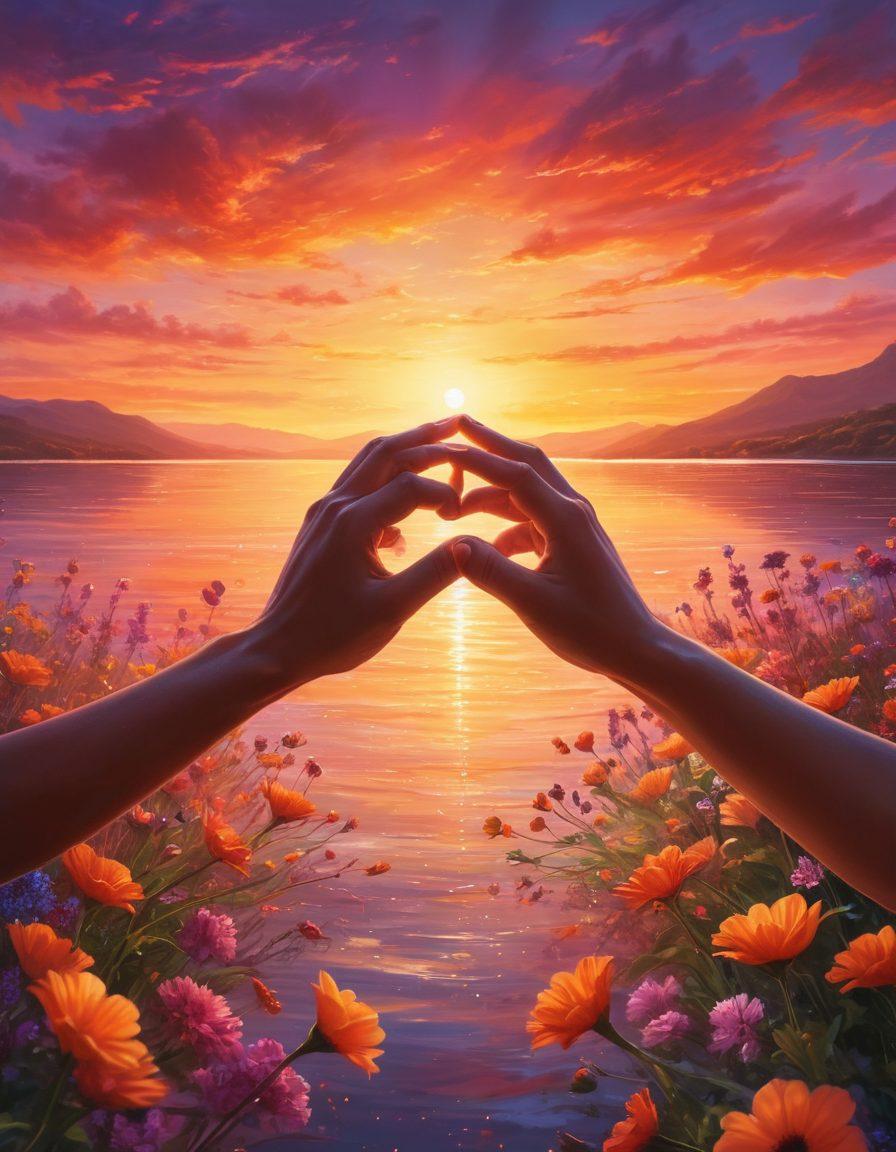 A heartwarming scene depicting two friends transformed into soulmates, surrounded by a magical aura of affection. Their hands are intertwined, with glowing hearts symbolizing their deep bond. In the backdrop, a vibrant sunset reflects the warmth of their relationship, and gentle flowers bloom around them, symbolizing growth and connection. The atmosphere is filled with soft, swirling colors that evoke love and intimacy. super-realistic. vibrant colors. romantic ambiance.