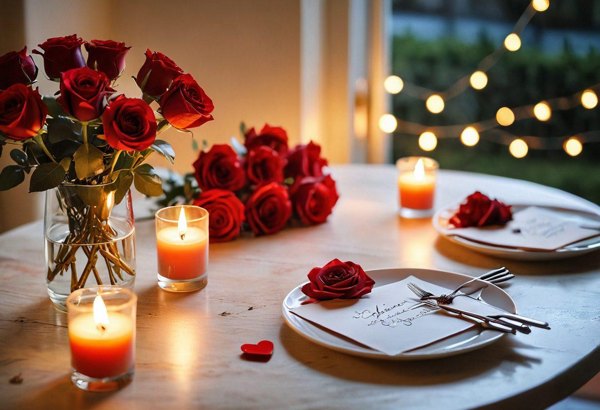 A cozy setting with two heart-shaped candles flickering gently on a beautifully set table. In the background, soft fairy lights twinkle against a romantic sunset. A bouquet of vibrant red roses sits as a centerpiece, while handwritten love notes are scattered across the table. The atmosphere exudes warmth and intimacy, inviting a sense of heartfelt connection. painting. warm color palette. soft focus.